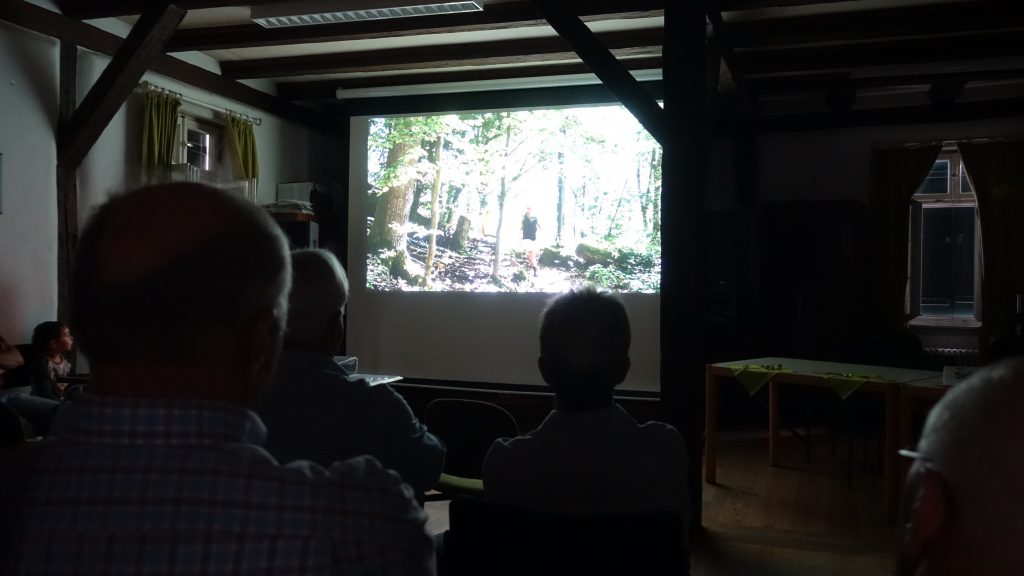 Zuschauer sehen auf Leinwand